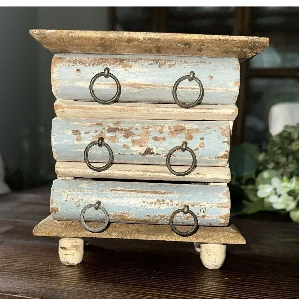 Small Rustic Weathered Shabby Chic Wooden Jewelry Spice Box 3 Drawers Beige Blue